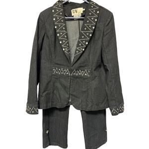 Donna Vinci Vintage 2 Piece Denim Suit Set Black w/Silver Jewels Size 6 Flawless